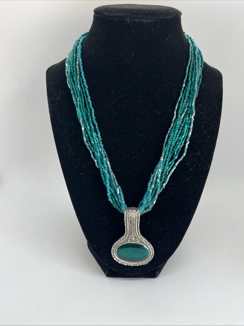 Vintage Necklace Seed Bead 10 Strand Teal Blue/Green Enameled And Silver Pendant